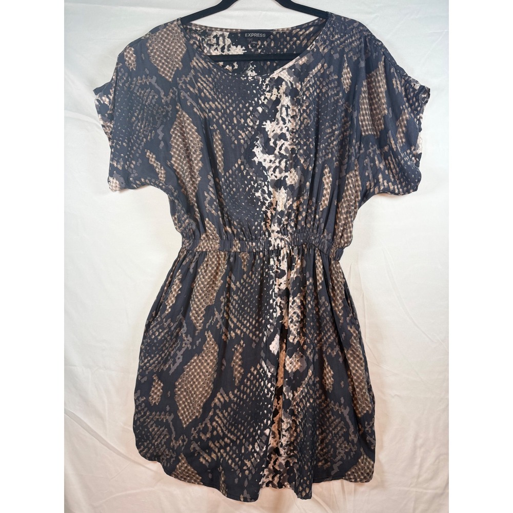 Express Womens Snakeskin Print Elastic Waist Short Sleeve‎ Pocket Dress Small S